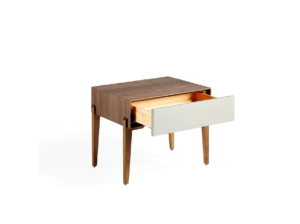 Bedside table with solid wooden legs and a Walnut veneer structure Bedside table with solid wooden legs and a Walnut veneer structure