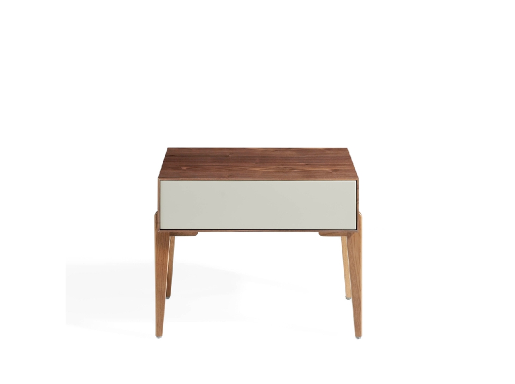 Bedside table with solid wooden legs and a Walnut veneer structure Bedside table with solid wooden legs and a Walnut veneer structure