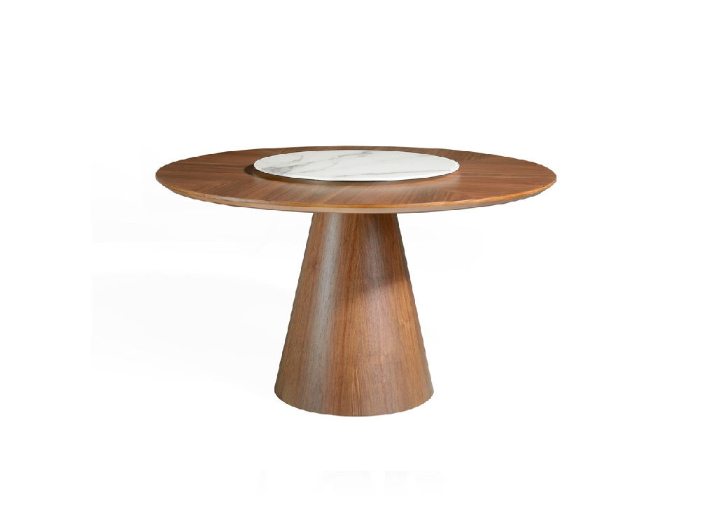 Round dining table made of wood and walnut veneer Round dining table made of wood and walnut veneer