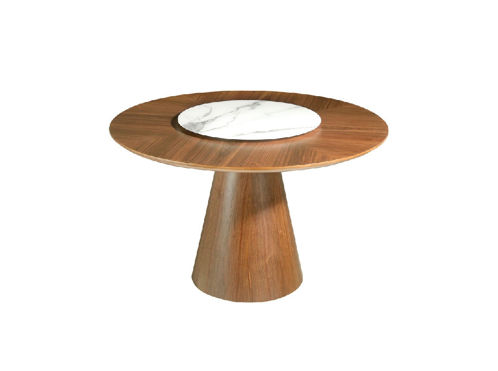 Round dining table made of wood and walnut veneer Round dining table made of wood and walnut veneer