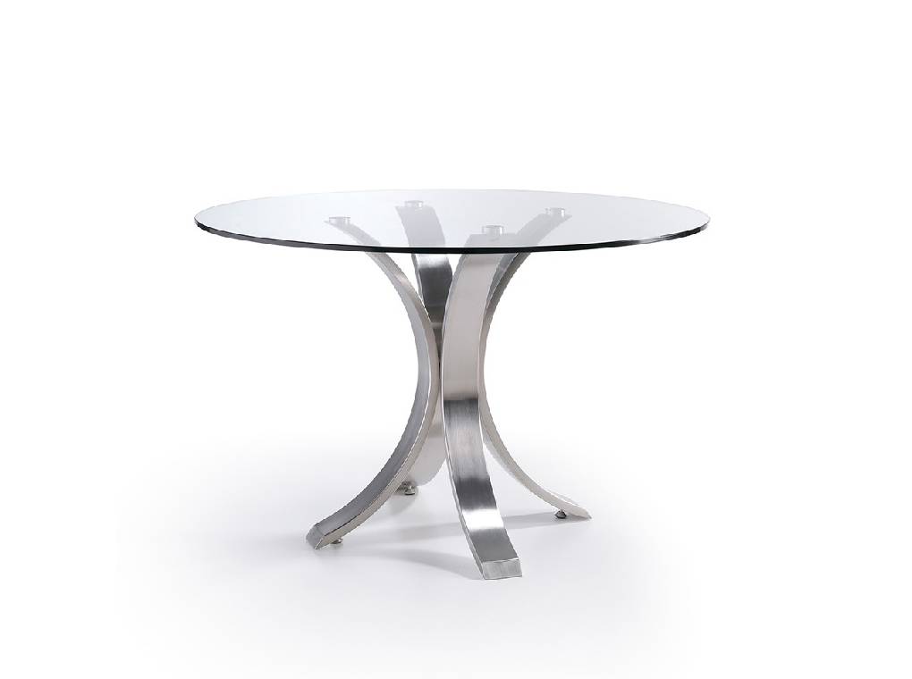 Dining table with polished stainless steel base. Dining table with polished stainless steel base.