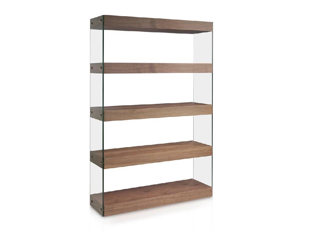 Bookshelves in walnut veneered wood and tempered glass sides. Bookshelves in walnut veneered wood and tempered glass sides.