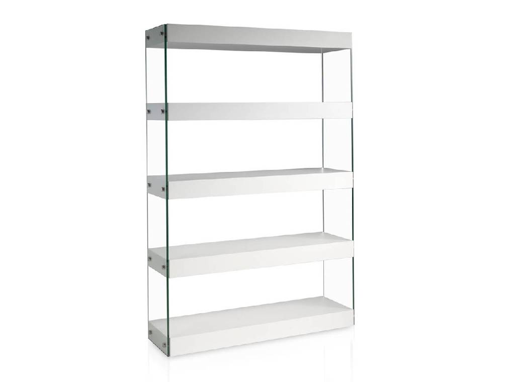 Bücherregal mit Seitenteilen aus gehärtetem Glas. Bücherregal mit Seitenteilen aus gehärtetem Glas.