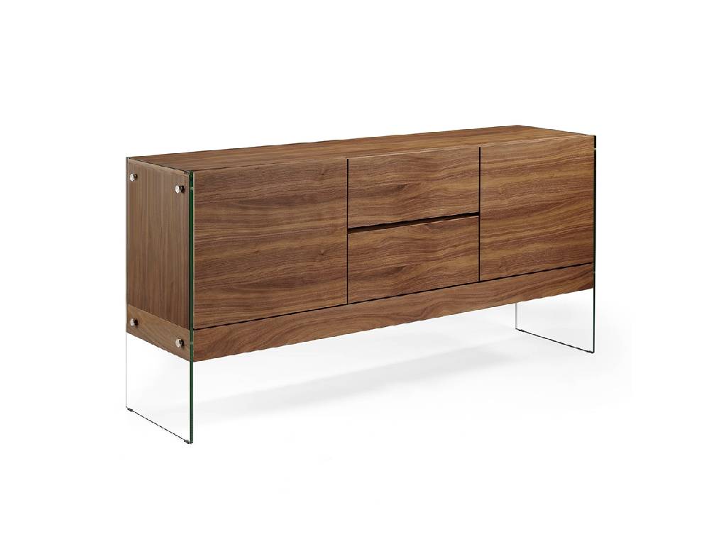 Sideboard with wooden plates in walnut with tempered glass sides Sideboard with wooden plates in walnut with tempered glass sides