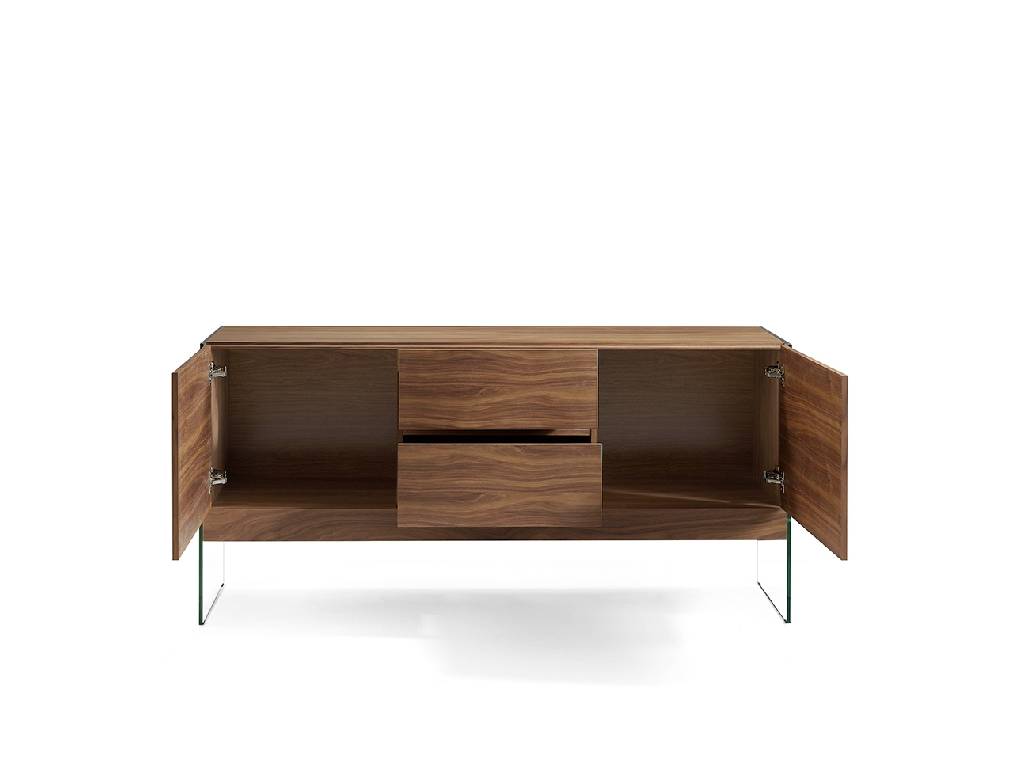 Sideboard with wooden plates in walnut with tempered glass sides Sideboard with wooden plates in walnut with tempered glass sides