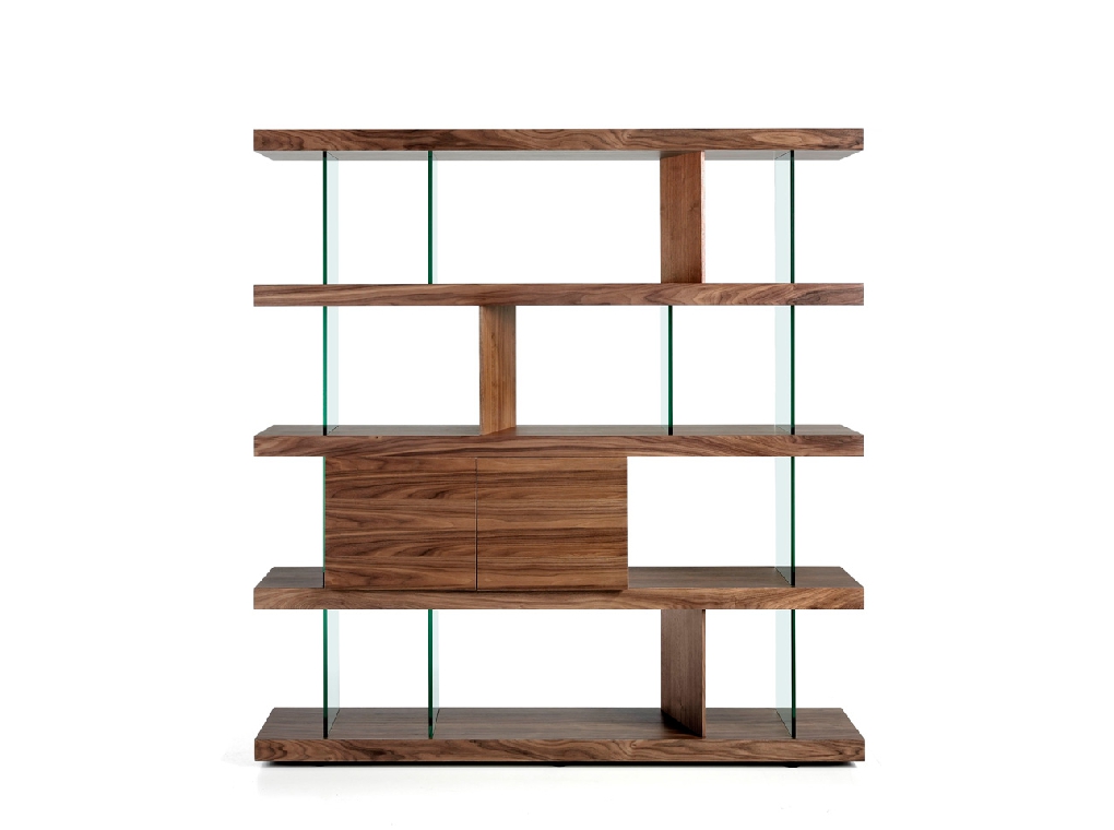 Walnut colored wooden shelf and tempered glass
