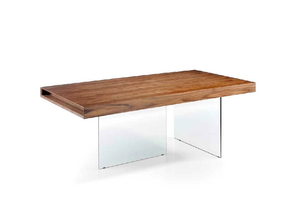 Dining table with walnut-veneered MDF top and tempered glass legs Dining table with walnut-veneered MDF top and tempered glass legs