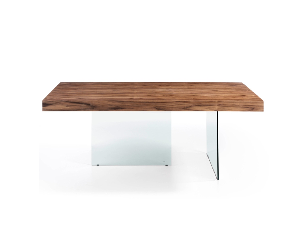 Dining table with walnut-veneered MDF top and tempered glass legs Dining table with walnut-veneered MDF top and tempered glass legs