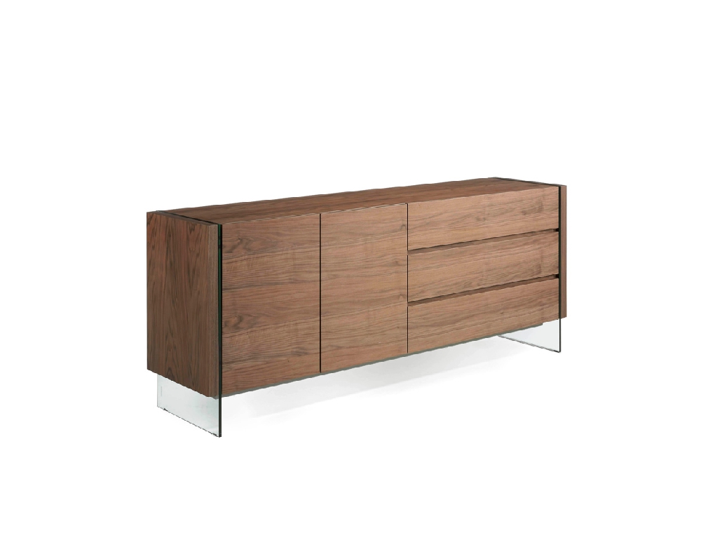 Walnut wood sideboard and tempered glass