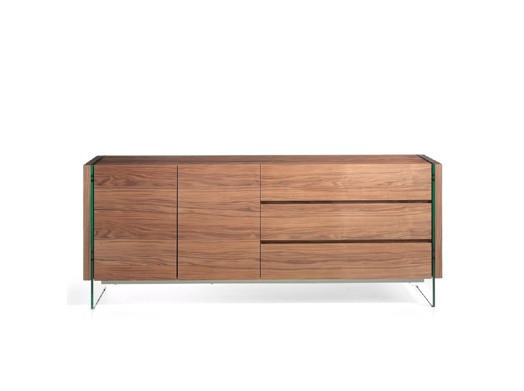 Walnut wood sideboard and tempered glass