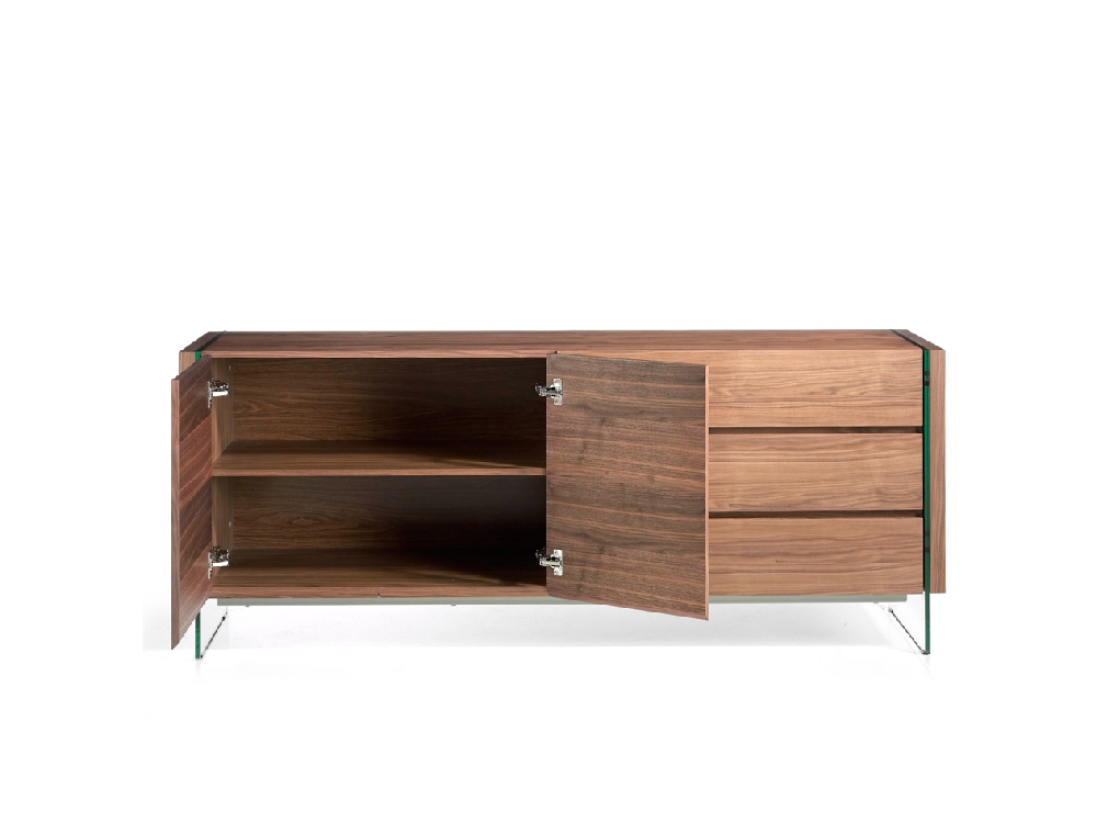 Walnut wood sideboard and tempered glass