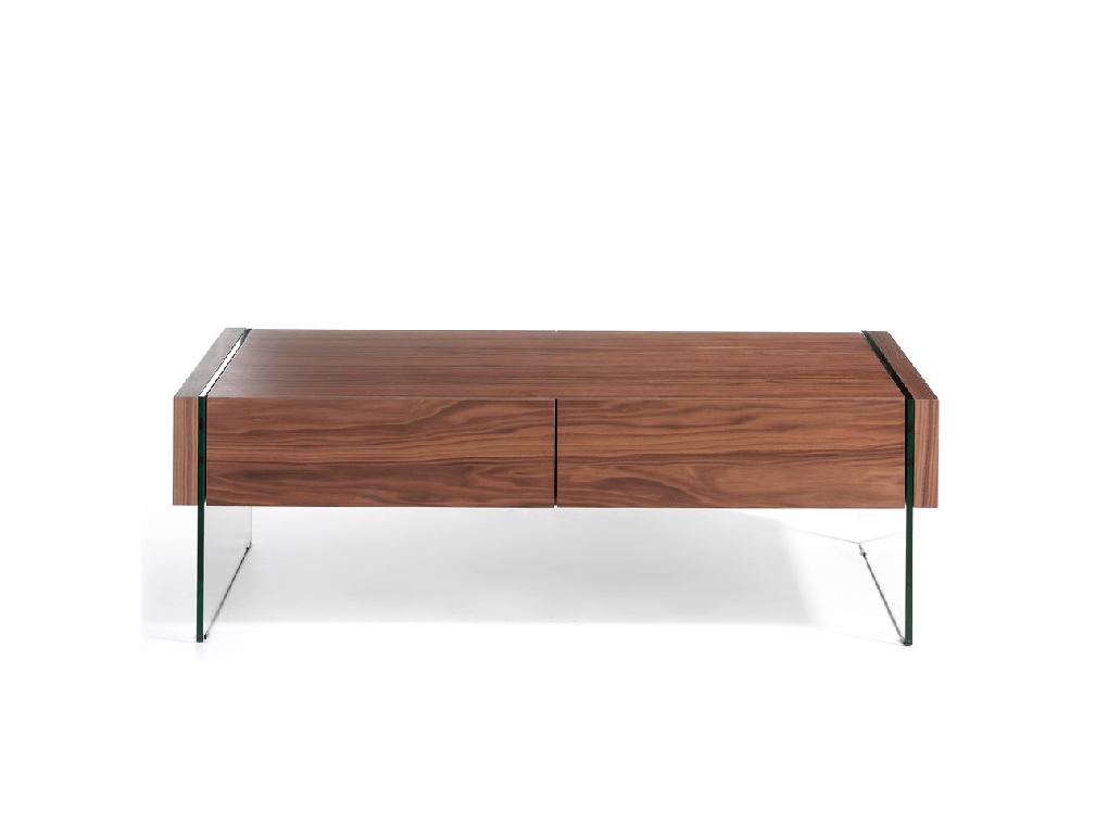Walnut wood coffee table and tempered glass