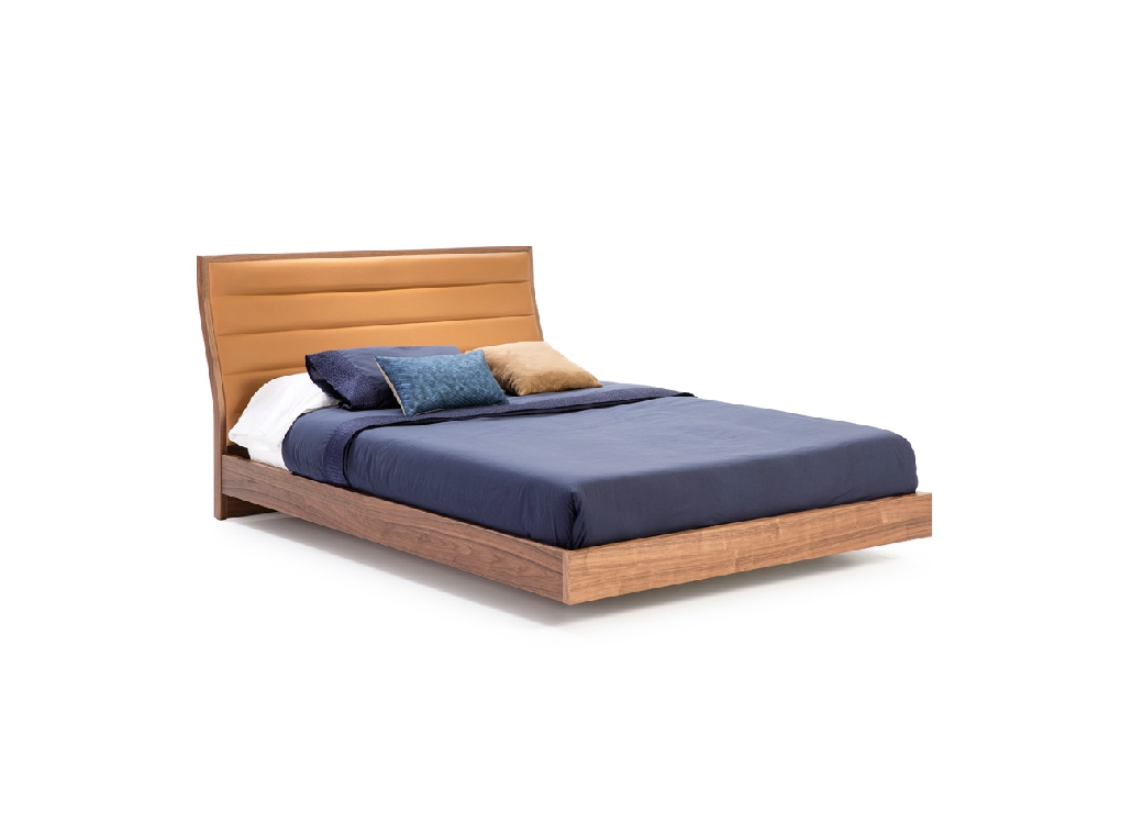 Bed upholstered in leatherette and Walnut wood Bed upholstered in leatherette and Walnut wood