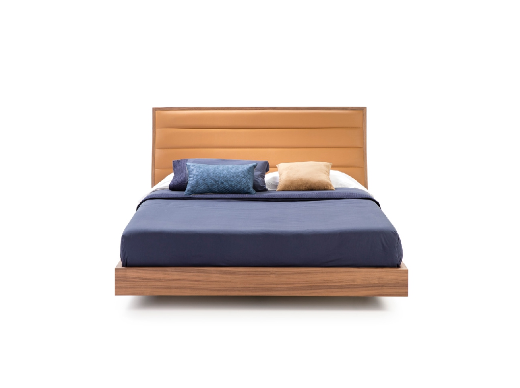 Bed upholstered in leatherette and Walnut wood Bed upholstered in leatherette and Walnut wood