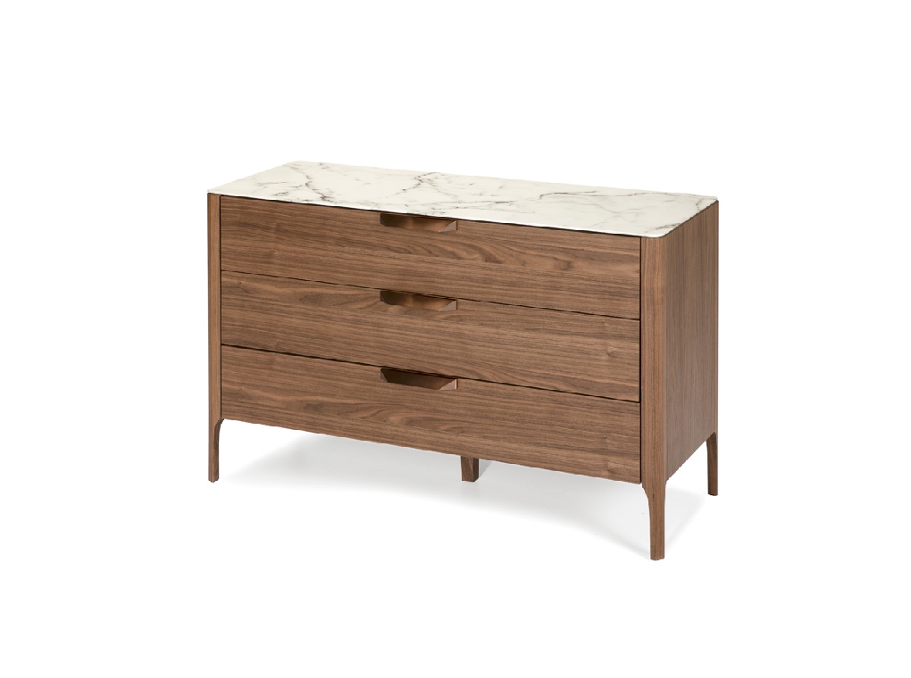 3-drawer sideboard made of walnut-veneered wood with imitation marble glass top 3-drawer sideboard made of walnut-veneered wood with imitation marble glass top