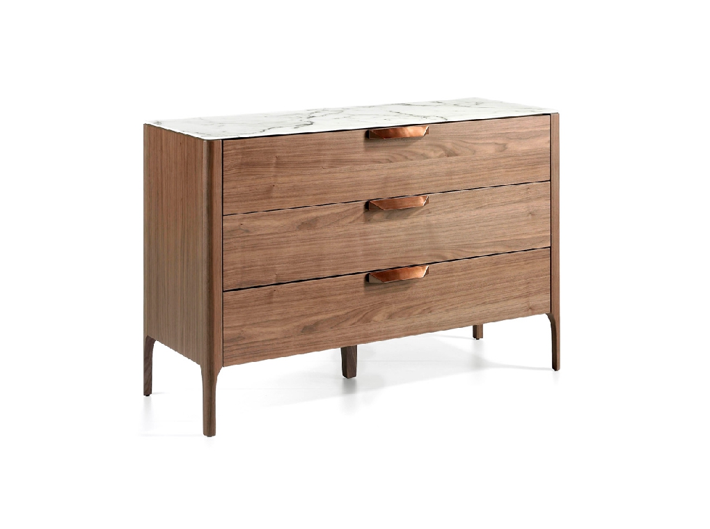 3-drawer sideboard made of walnut-veneered wood with imitation marble glass top 3-drawer sideboard made of walnut-veneered wood with imitation marble glass top