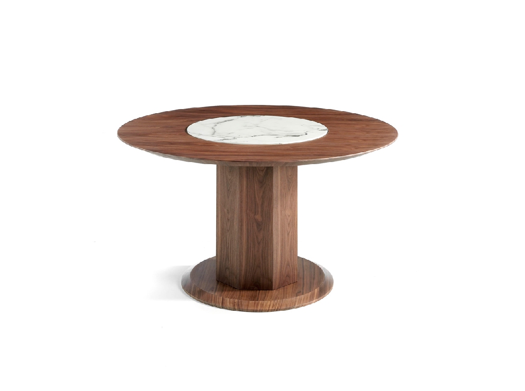 Round dining table in Walnut wood and porcelain detail Round dining table in Walnut wood and porcelain detail