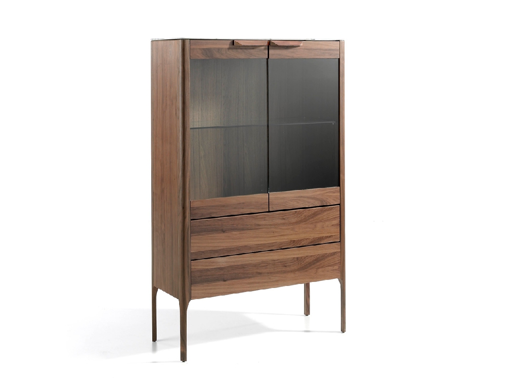 Sideboard with drawers and glass doors made of walnut-veneered wood Sideboard with drawers and glass doors made of walnut-veneered wood