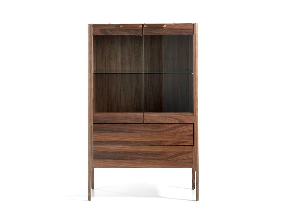 Sideboard with drawers and glass doors made of walnut-veneered wood Sideboard with drawers and glass doors made of walnut-veneered wood