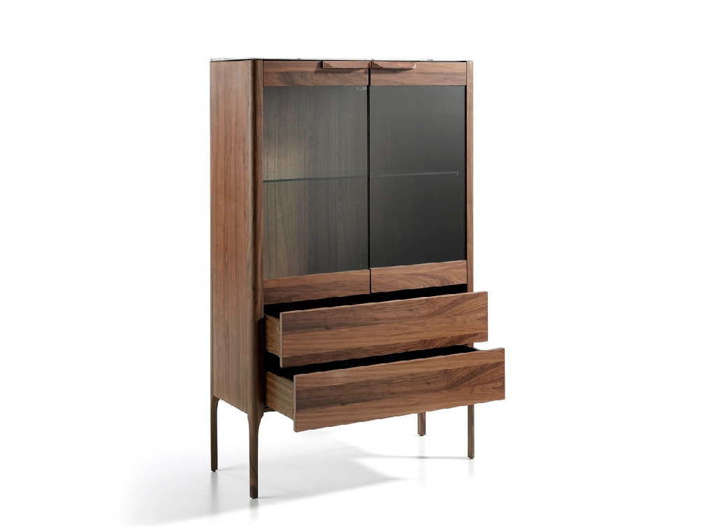 Sideboard with drawers and glass doors made of walnut-veneered wood Sideboard with drawers and glass doors made of walnut-veneered wood