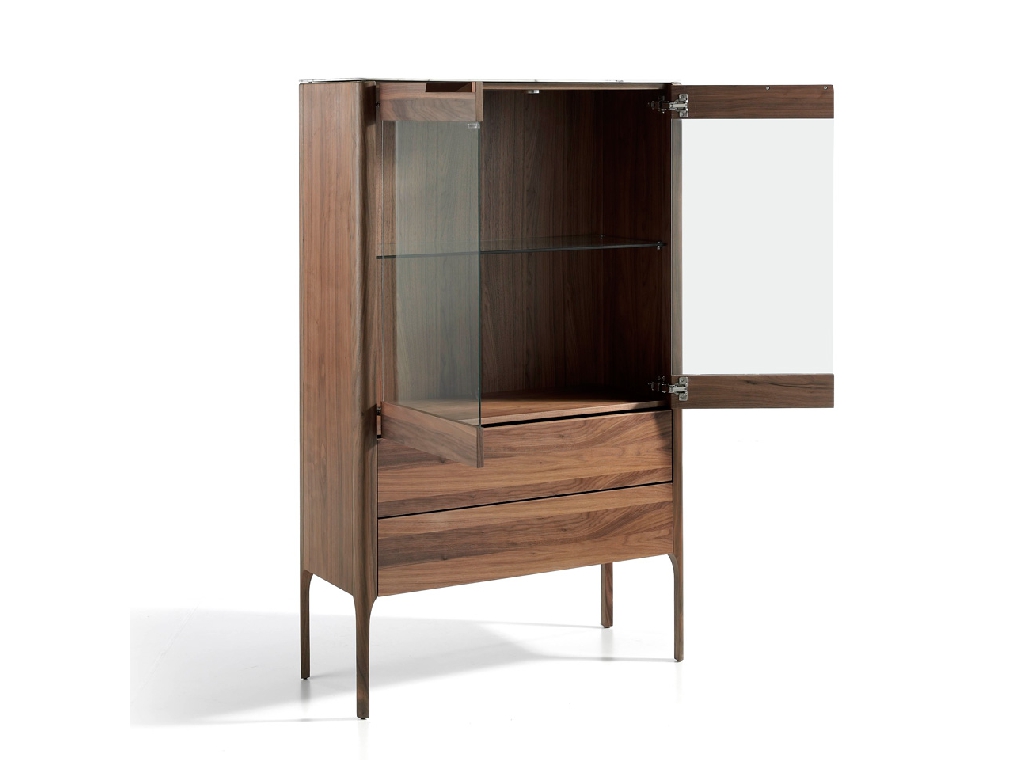 Sideboard with drawers and glass doors made of walnut-veneered wood Sideboard with drawers and glass doors made of walnut-veneered wood