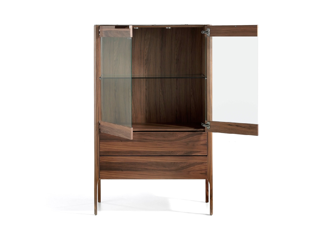 Sideboard with drawers and glass doors made of walnut-veneered wood Sideboard with drawers and glass doors made of walnut-veneered wood