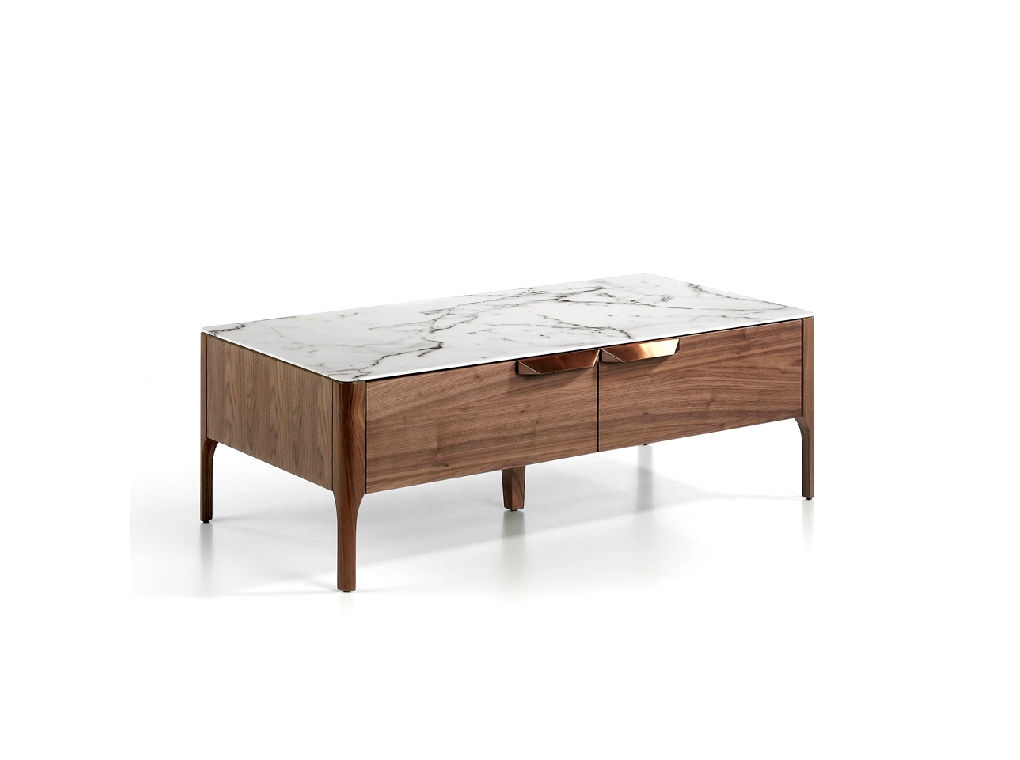 Walnut wood and marble imitation glass coffee table with drawers Walnut wood and marble imitation glass coffee table with drawers