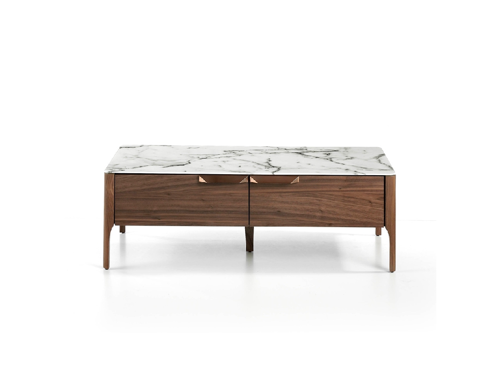 Walnut wood and marble imitation glass coffee table with drawers Walnut wood and marble imitation glass coffee table with drawers