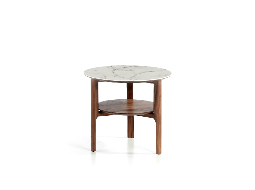 Corner coffee table made of walnut veneered wood with imitation marble glass top Corner coffee table made of walnut veneered wood with imitation marble glass top