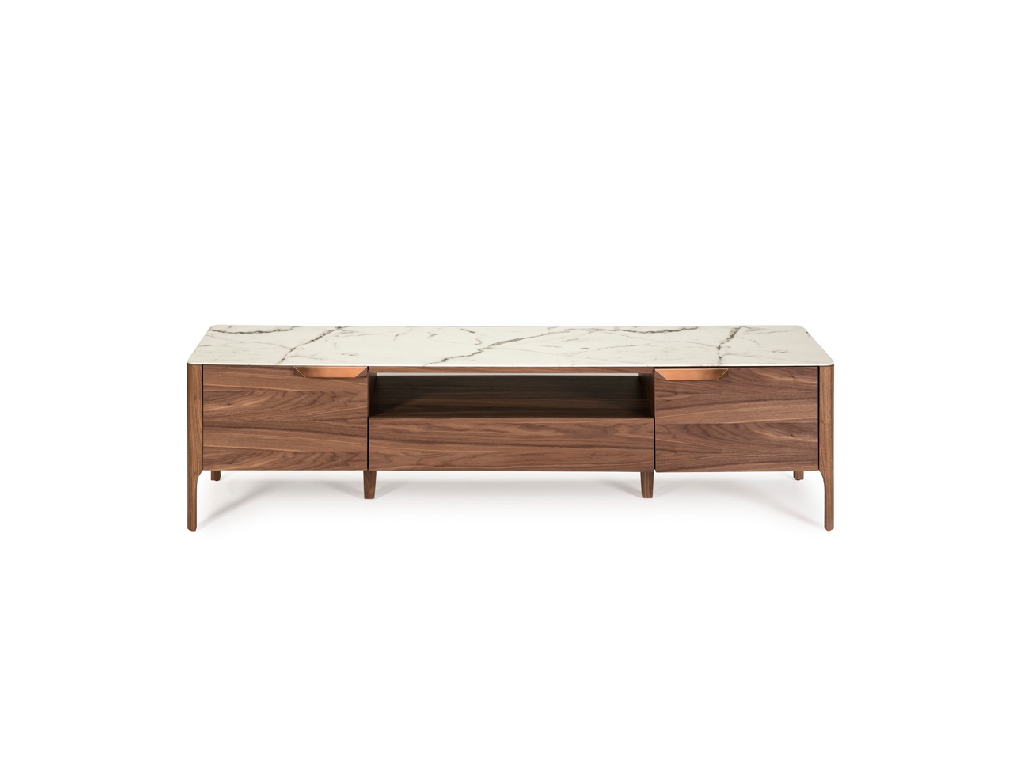 Mueble TV de madera Nogal y tapa de fibra de vidrio con efecto mármol Calacatta