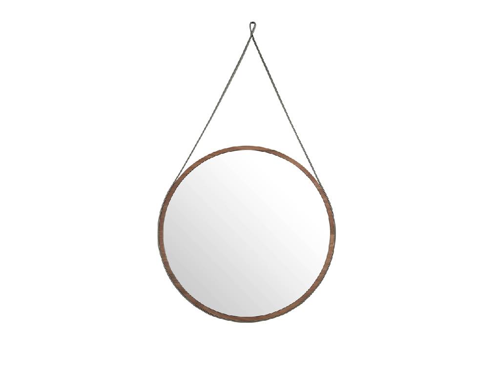 Walnut wood circular hanging mirror