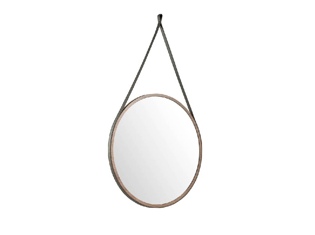 Круглое настенное зеркало с рамой из дерева орехового цвета
