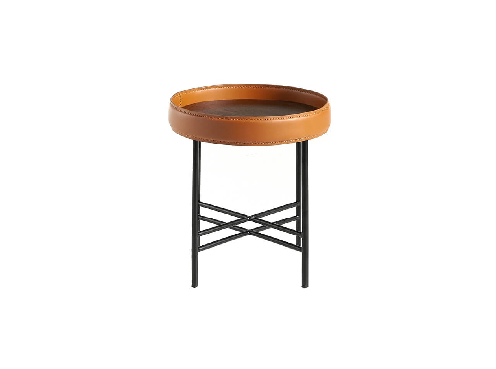 Round corner table in Walnut wood upholstered in leather and black steel