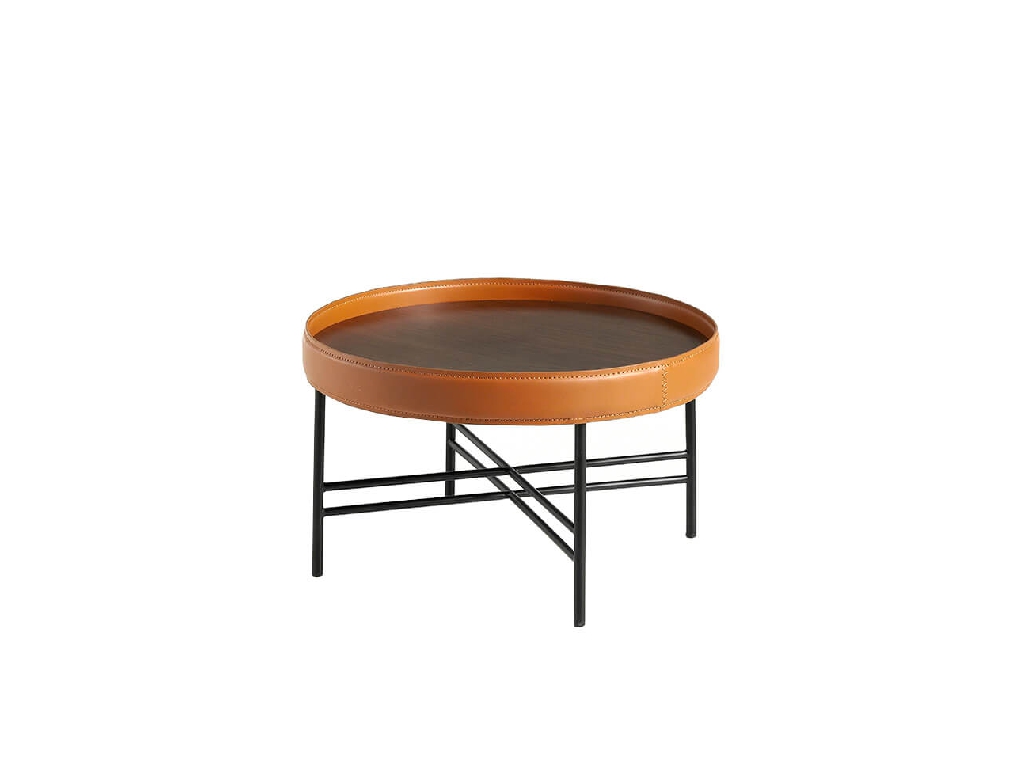 Round walnut wood coffee table upholstered in leather and black steel