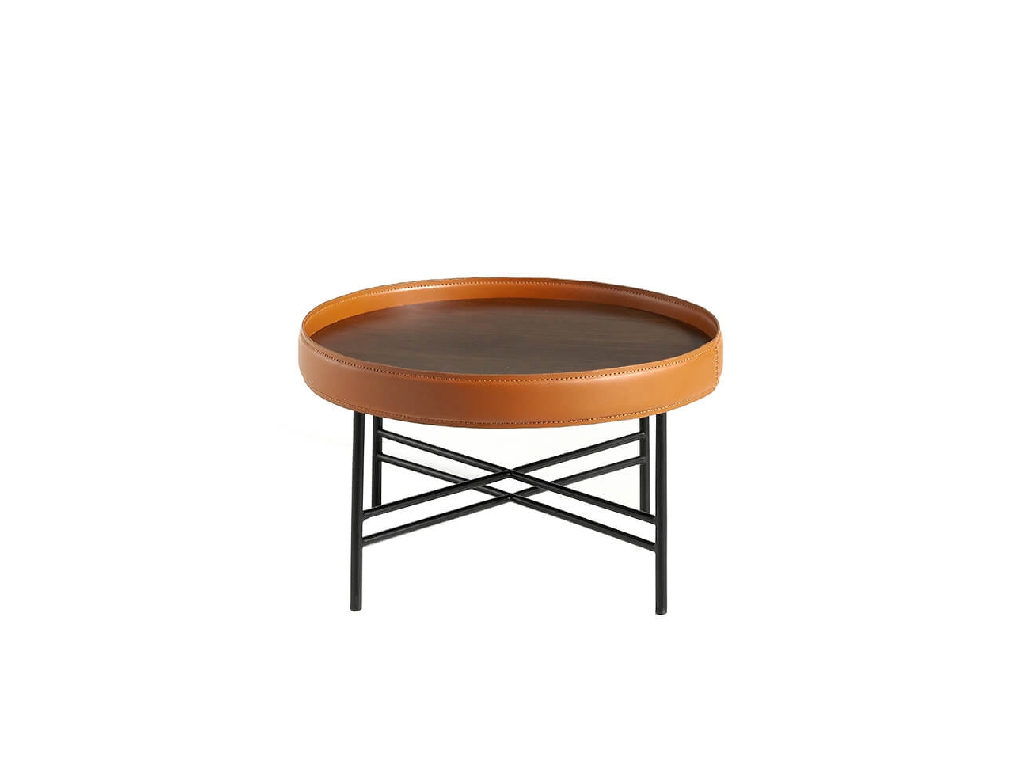 Round walnut wood coffee table upholstered in leather and black steel