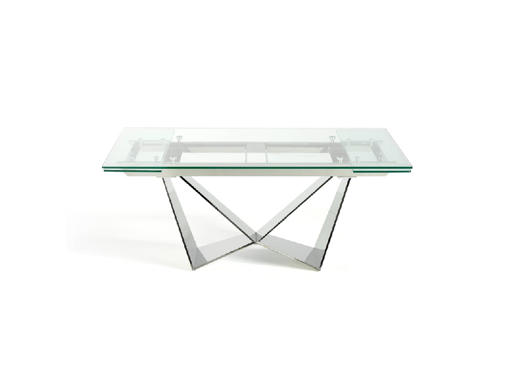 Обеденный раздвижной стол из закаленного стекла и хромированной стали