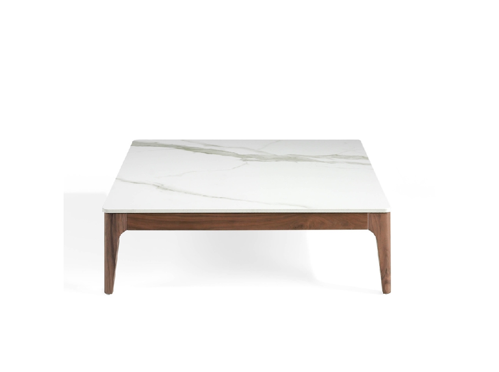 Square coffee table in marble imitation glass and Walnut wood