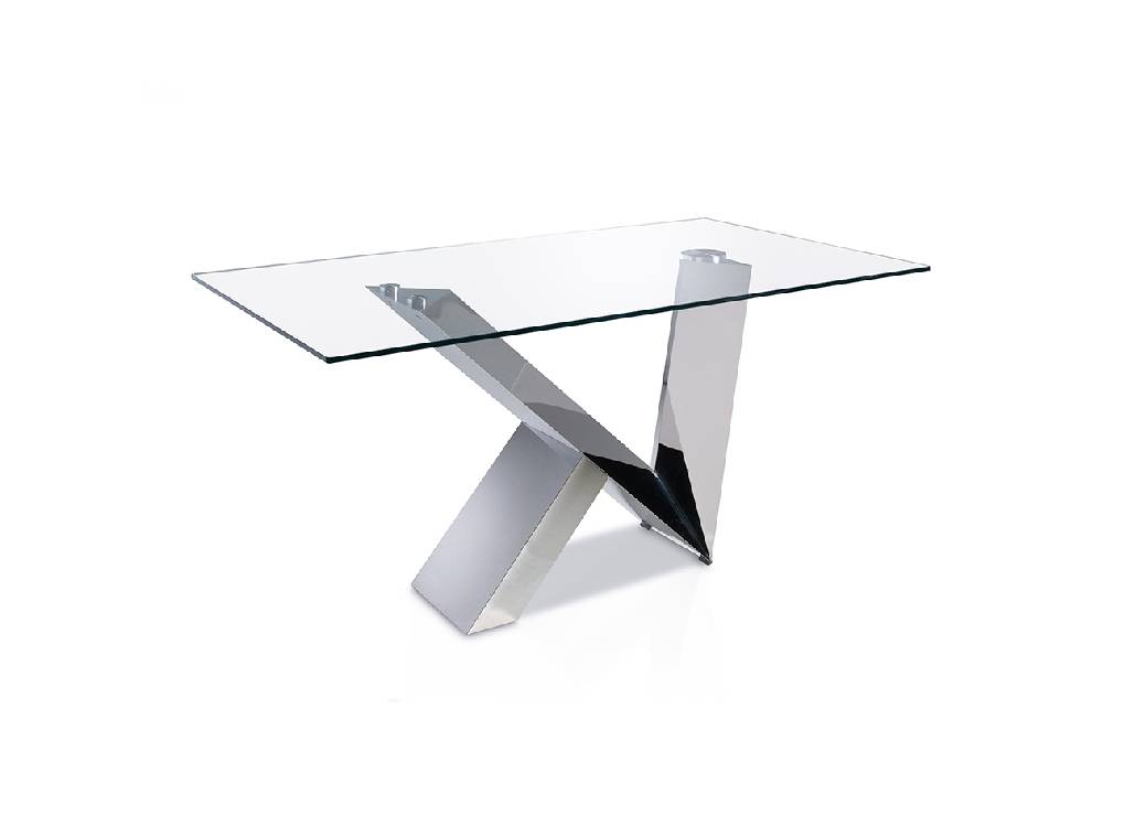 Dining table with tempered glass top and stainless steel frame. Dining table with tempered glass top and stainless steel frame.