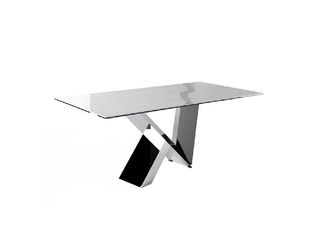 Dining table with ceramic marble top and stainless steel frame. Dining table with ceramic marble top and stainless steel frame.
