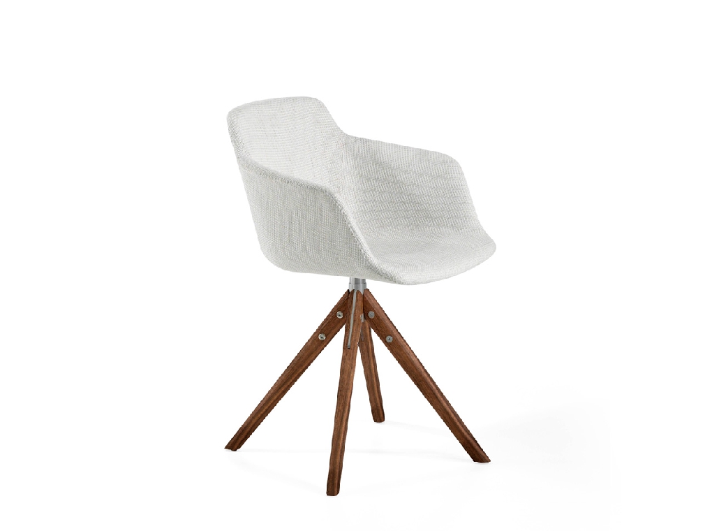 Swivel chair upholstered in fabric with solid wood legs in Walnut color