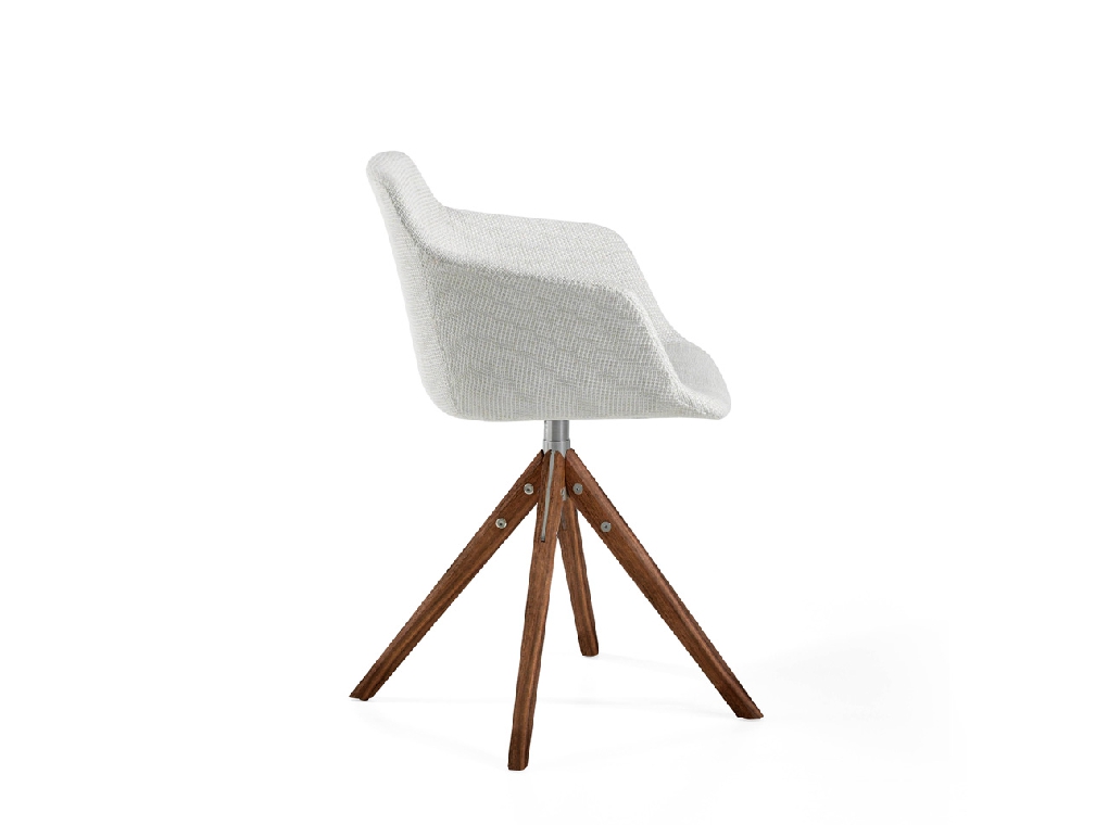 Swivel chair upholstered in fabric with solid wood legs in Walnut color