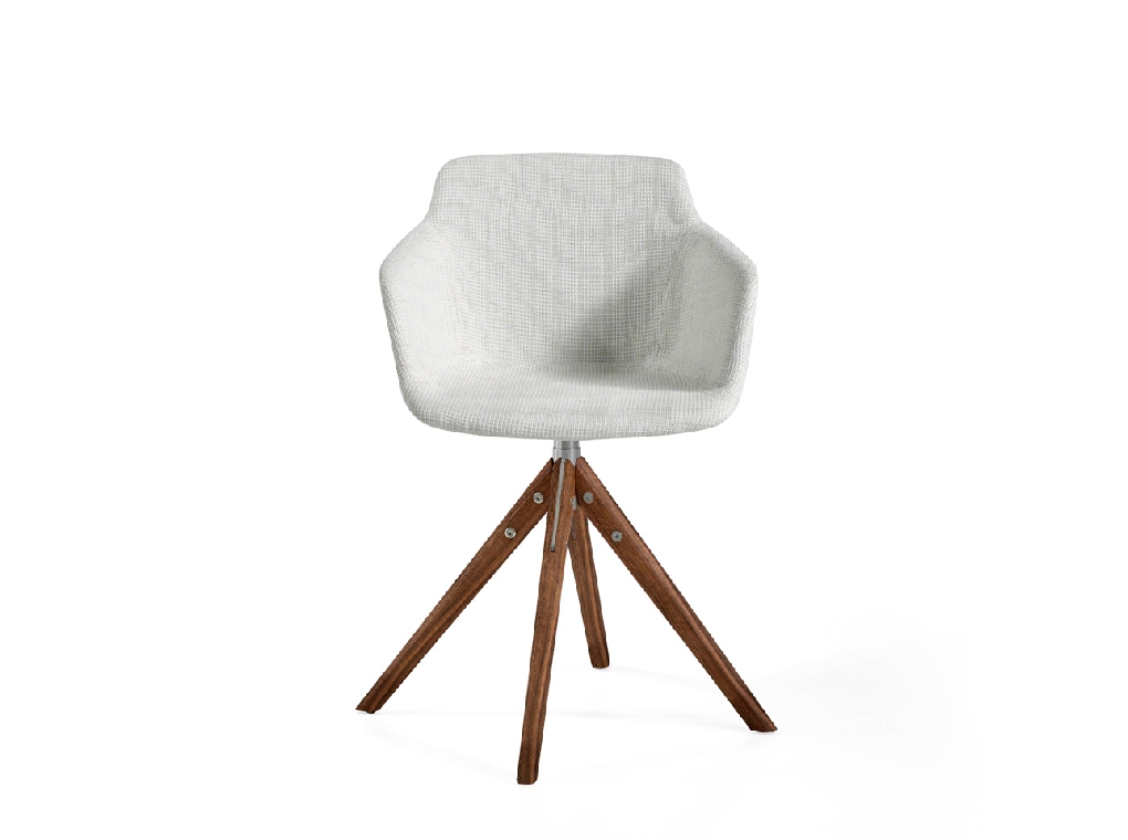 Swivel chair upholstered in fabric with solid wood legs in Walnut color