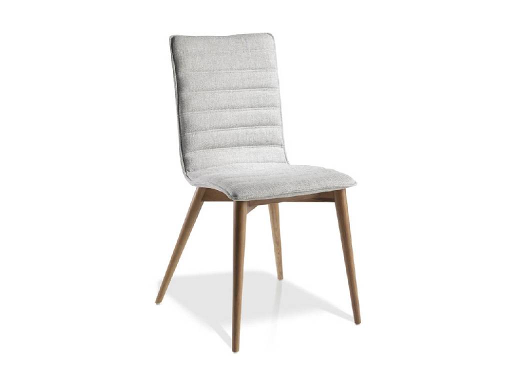 Upholstered chair with leg in walnut color. Upholstered chair with leg in walnut color.