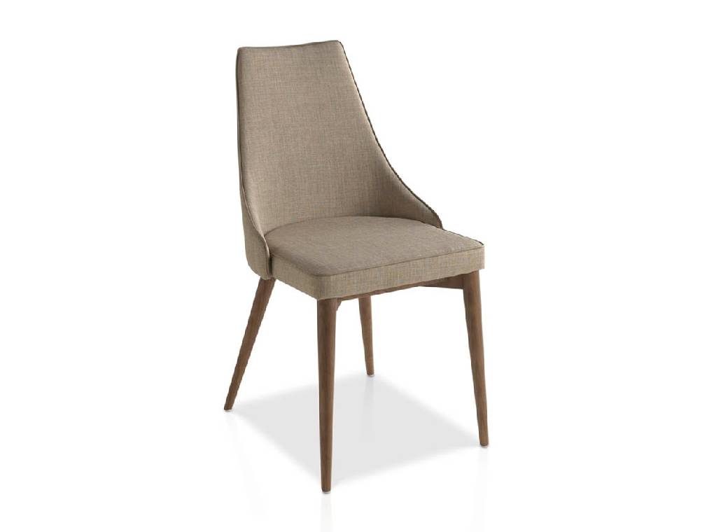Upholstered chair with legs in walnut color. Upholstered chair with legs in walnut color.