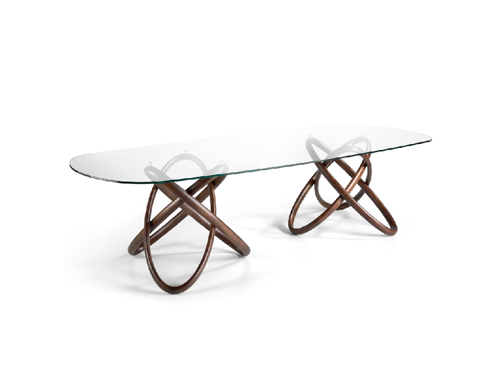 Glass dining table with double base in solid walnut wood Glass dining table with double base in solid walnut wood