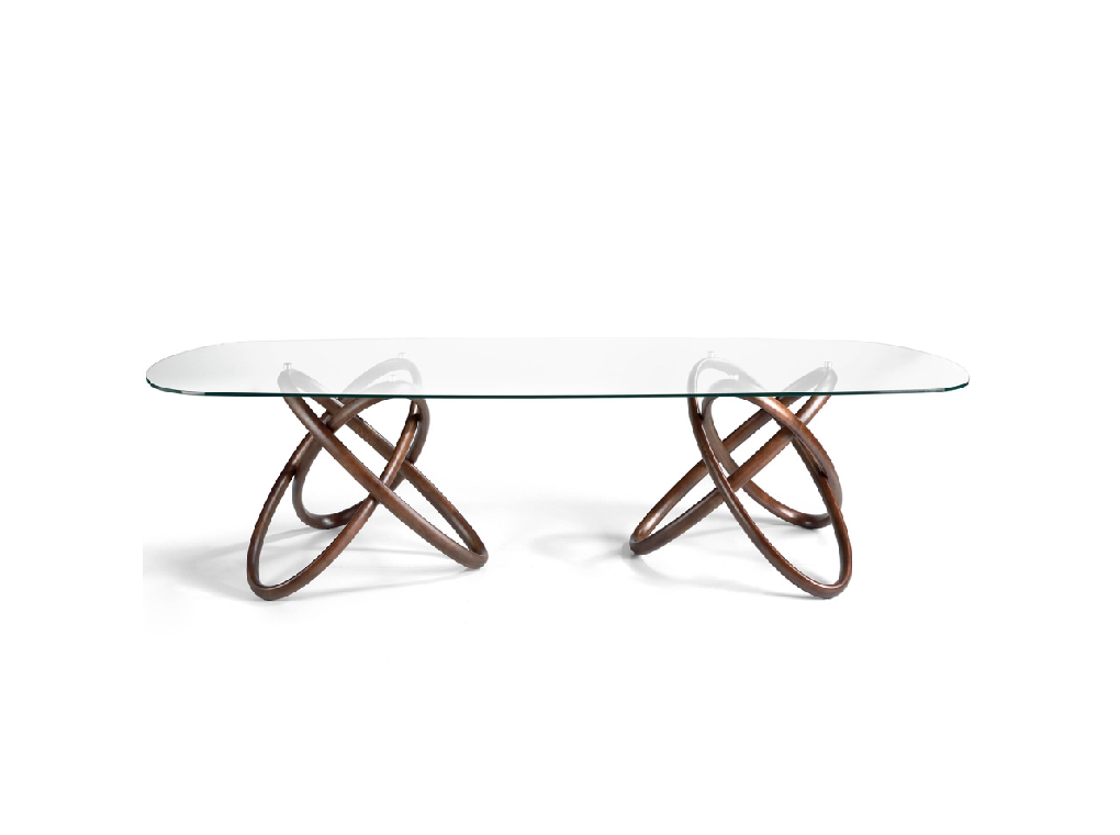 Glass dining table with double base in solid walnut wood Glass dining table with double base in solid walnut wood