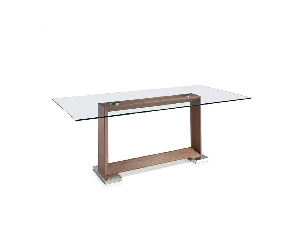 Dining table with veneered walnut wood base. Dining table with veneered walnut wood base.