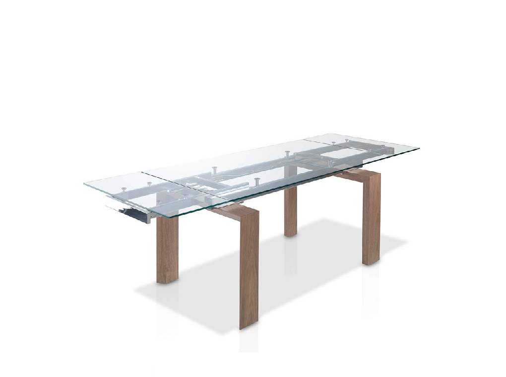 Extendable dining table in tempered glass and Walnut wood