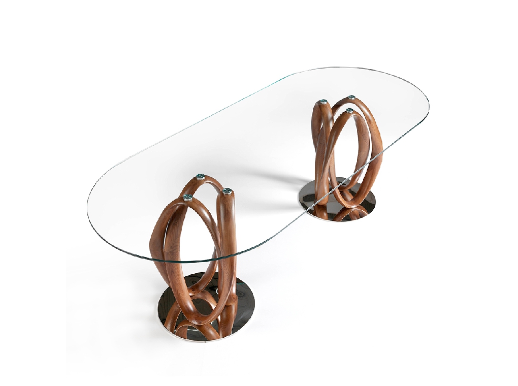 Tempered glass dining table and double solid walnut base Tempered glass dining table and double solid walnut base
