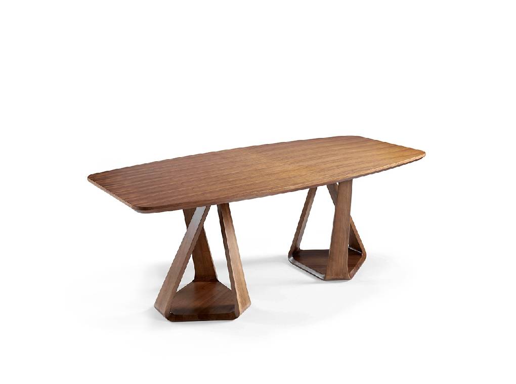 Two-base bent solid wood dining table with walnut wood-plated tabletop Two-base bent solid wood dining table with walnut wood-plated tabletop